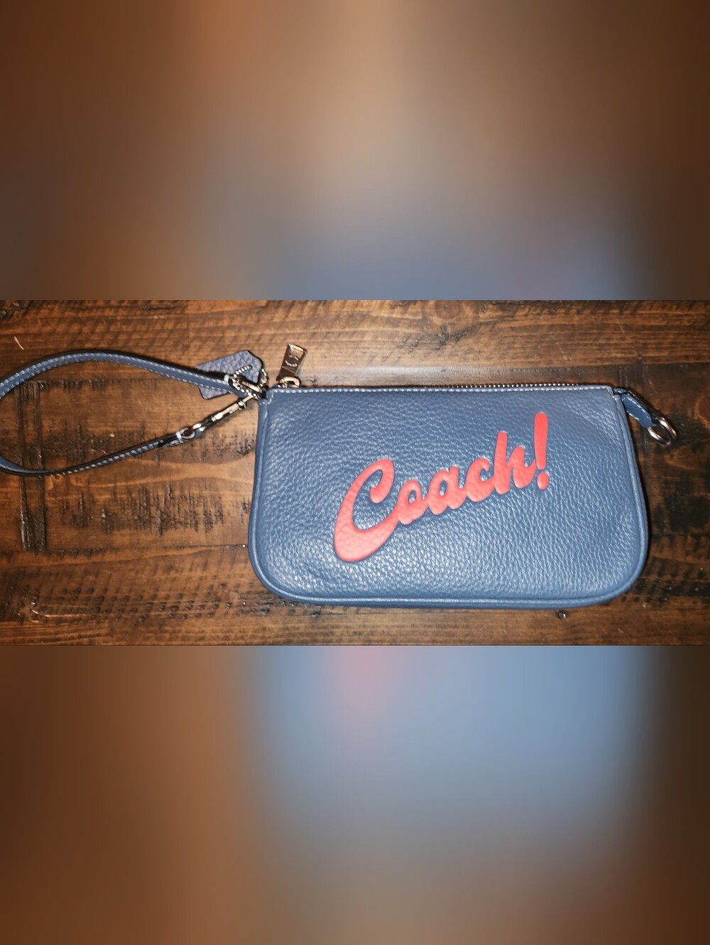 Coach: Blue Leather Wristlet with Red Script Logo